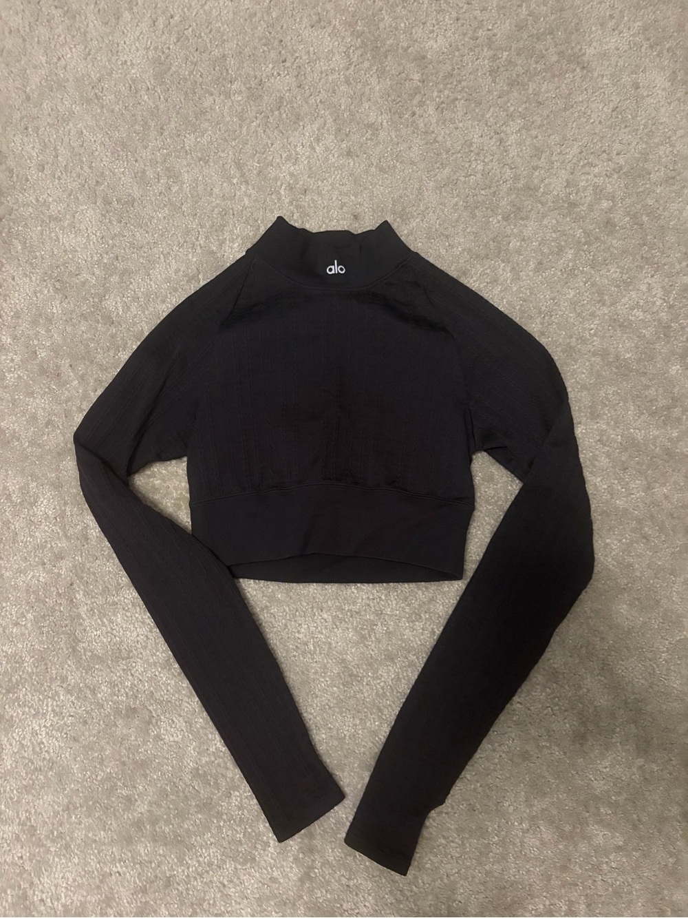 Alo Yoga Seamless Cable Knit Long-Sleeve Black Cropped Mock Neck Top